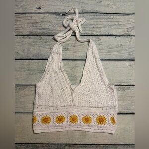 Hollister crochet sunflowers v front crop halter top. L